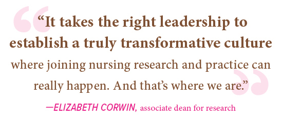 image of  quote  “It takes the right leadership to establish a truly transformative culture where joining nursing research and practice can really happen. And that’s where we are.”  —Elizabeth corwin, associate dean for research