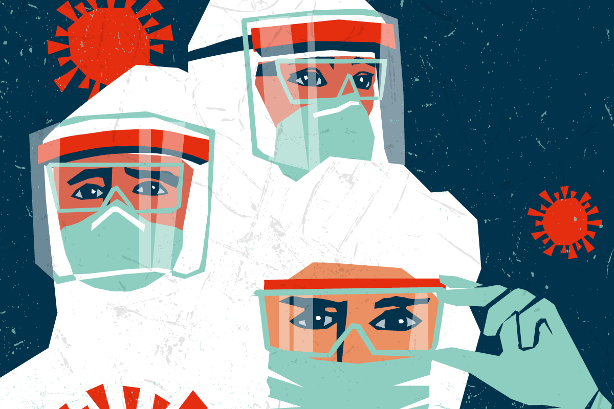 An illustration shows three people all in white biohazard suits with masks and goggles. There are two red coronavirus illustrations in the air around them.