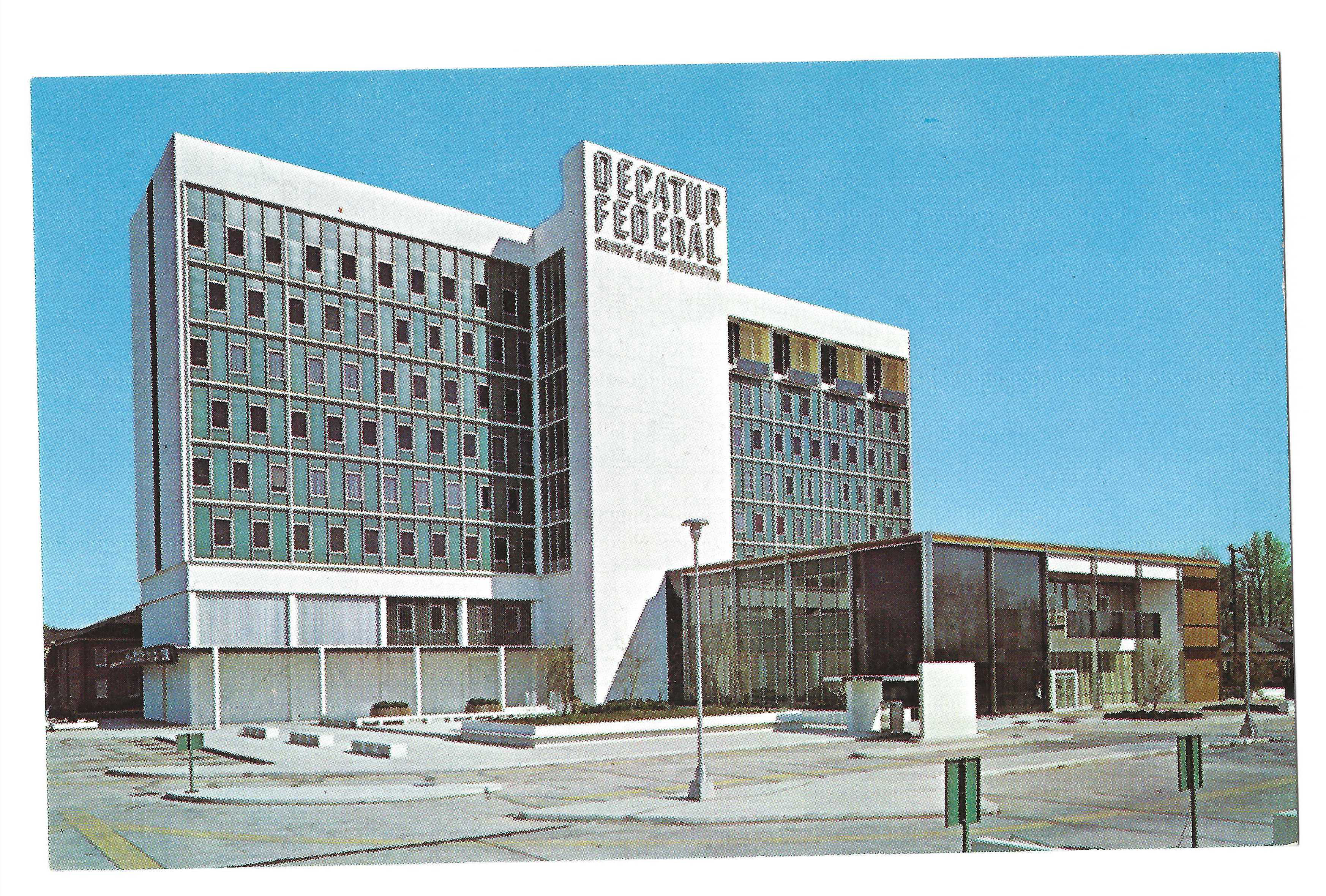 an old postcard showing the Decatur Federal bank building