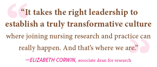 image of quote “It takes the right leadership to establish a truly transformative culture where joining nursing research and practice can really happen. And that’s where we are.” —Elizabeth corwin, associate dean for research